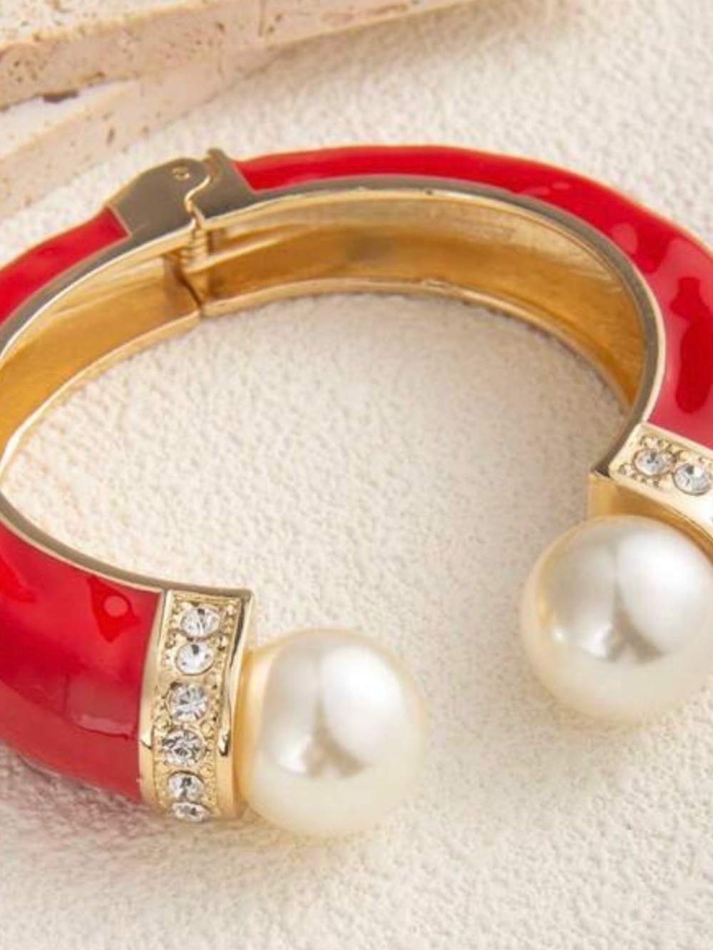 Gold-Tone Red Pearl Accent Cuff Bracelet